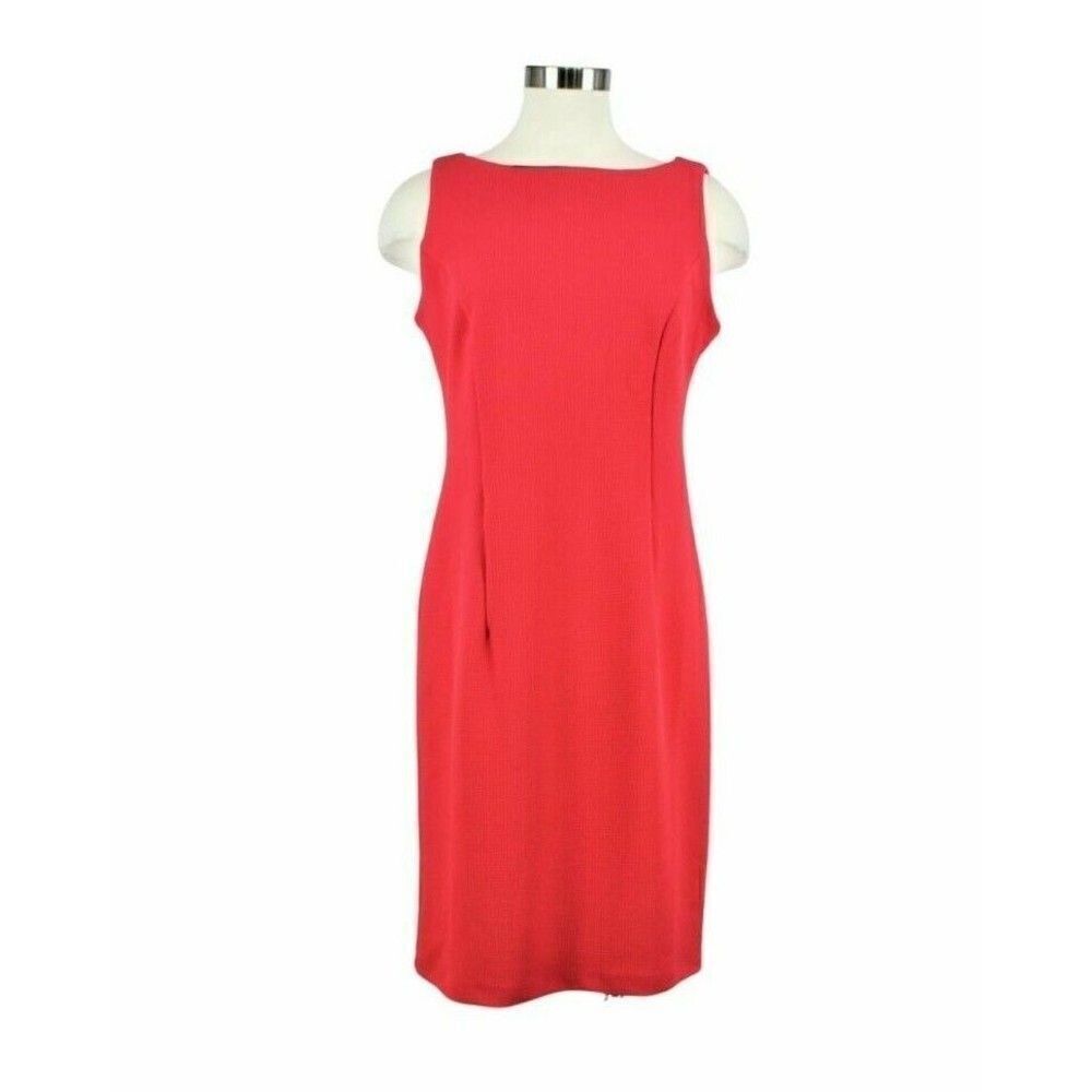Business Casual Knee Length Sheath Sleeveless Round Neck Back Zipper Coral-pink